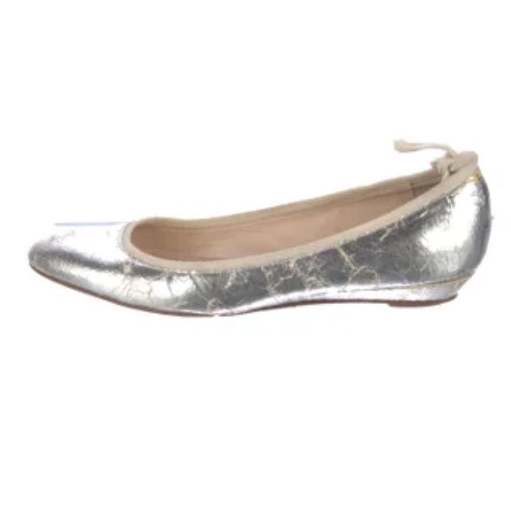 Loeffler Randall silver crinkle leather ivory trim Bow ballerina shoes Sz 7 1/2 - Picture 4 of 11